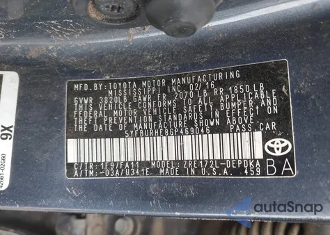 2016 Toyota Corolla L из США, поврежденный, VIN 5YFBURHE8GP469046